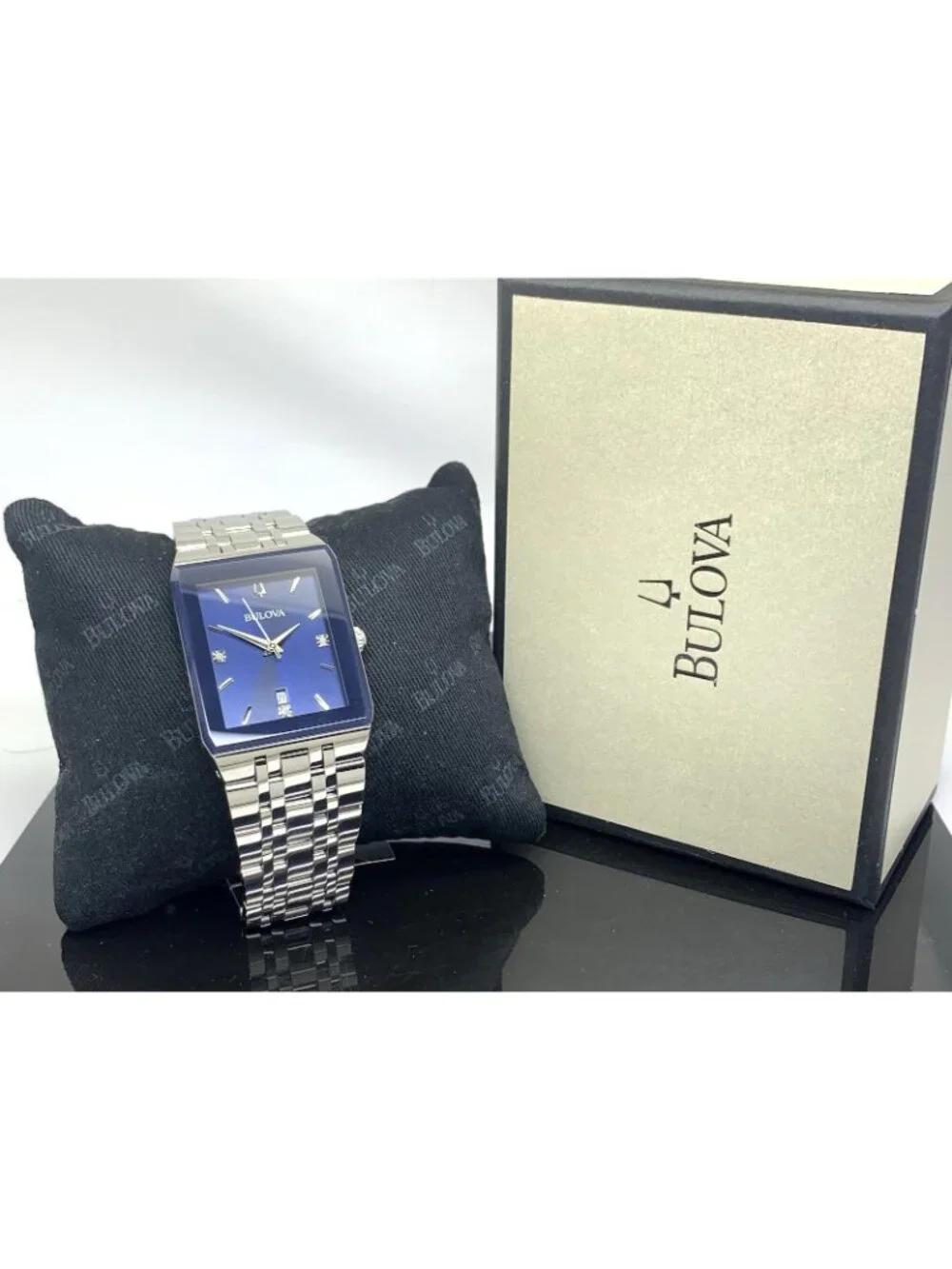 Bulova Men's Watch 96D139 Blue Dial Diamond Accent Rectangle Date Silver Steel
